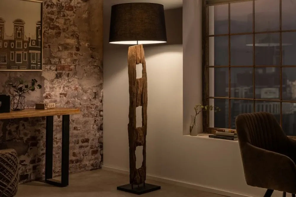 Lampa de podea din Lemn Maro si Textil Negru H177xD55cm Barracuda