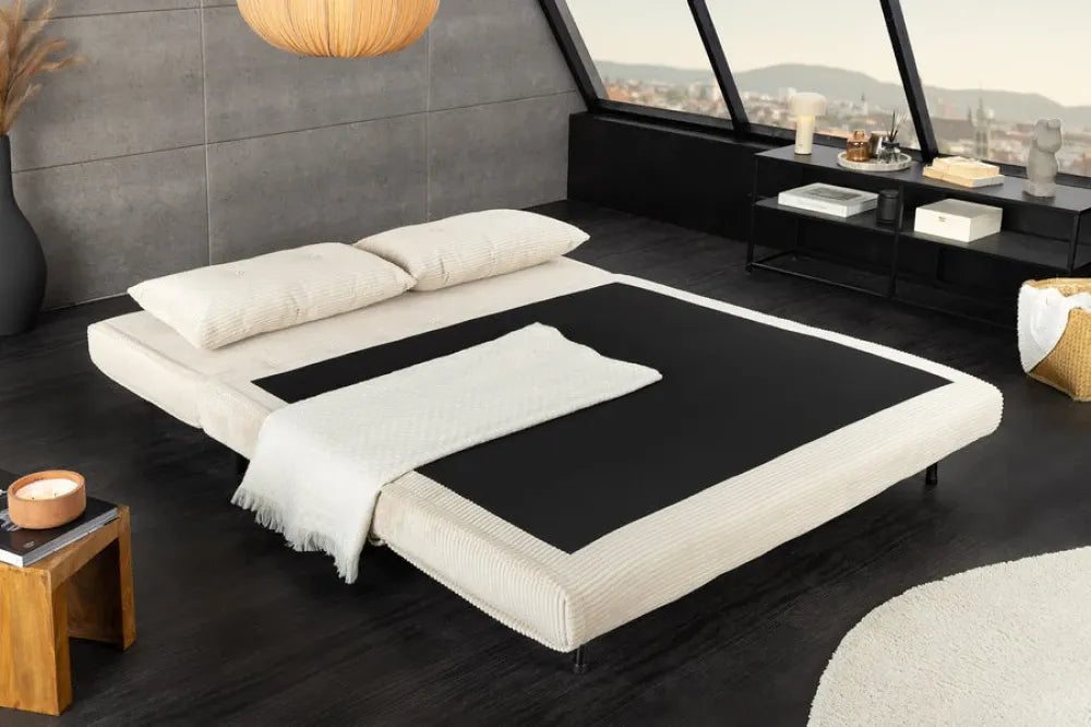 Fotoliu cu functie de dormit tapitat cu Raiat Bej si picioare din Lemn de pin Negru H83xL140xA90cm SMART MULTIFUNCTION