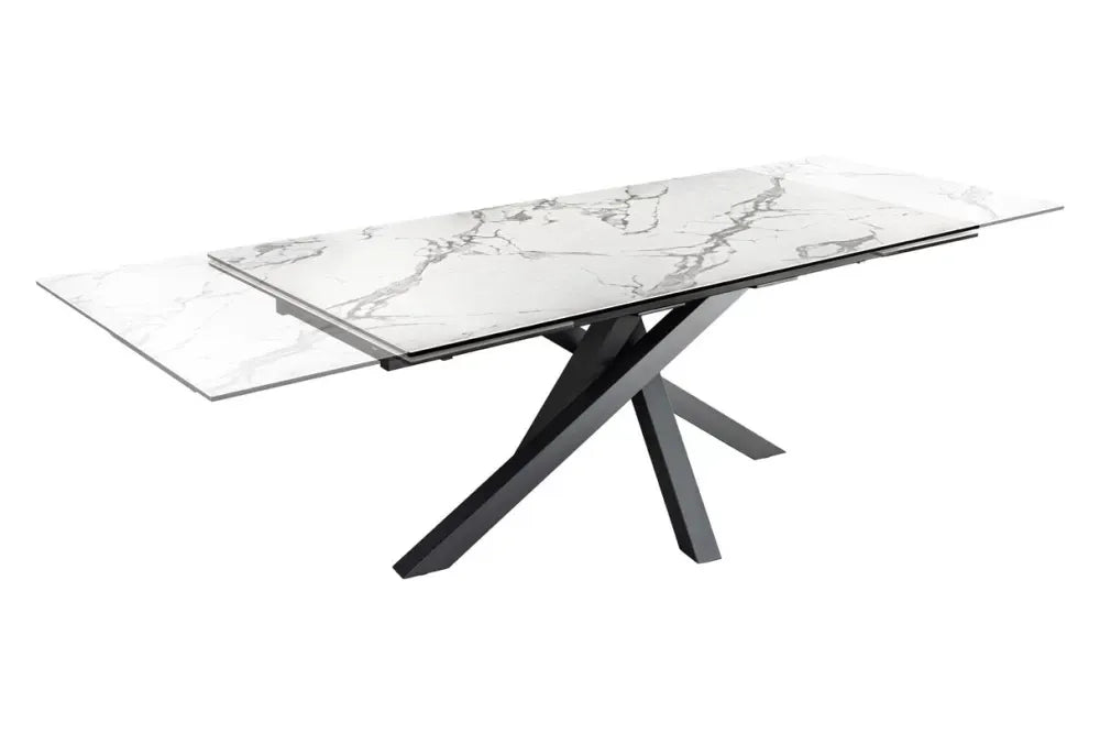 Masa din Sticla securizata/Ceramica Alb cu efect de marmura si Metal Negru L180-220-260xH76cm Marvelous