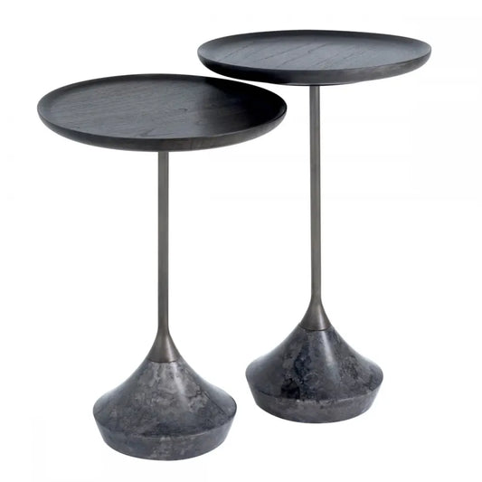 Set 2 masute laterale Rotunde din Marmura/ Metal Gri/Bronz si Lemn de mindi Maro D35xH50.5/56cm Puglia Eichholtz