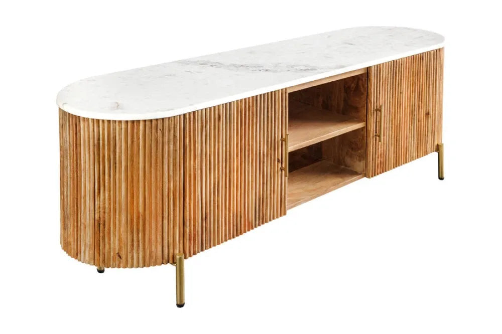 Comoda TV din Marmura Alb si Metal/Lemn de mango Auriu/Maro L140xH51cm TRES CHIC