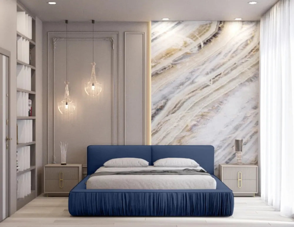 Pat 140x200cm tapitat cu Catifea Albastru Naomi