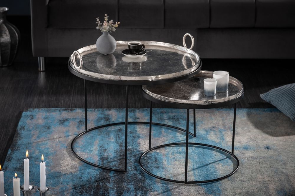 Set 2 masute laterale Rotunda din Metal si Metal Argintiu/Negru D46/62xH36/45cm Elements Oriental