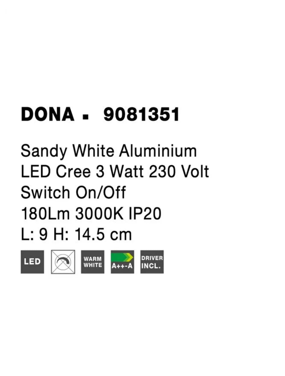 Aplica de perete din Aluminiu Alb H14.5xL9cm IP20 3W 180lm 3000k DONA