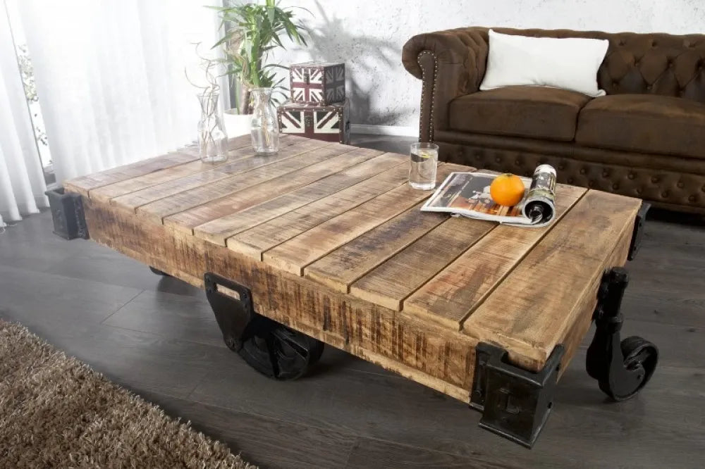 Masuta de cafea Dreptunghiulara din Lemn masiv de mango Maro si Metal Negru L160xH40cm Railway