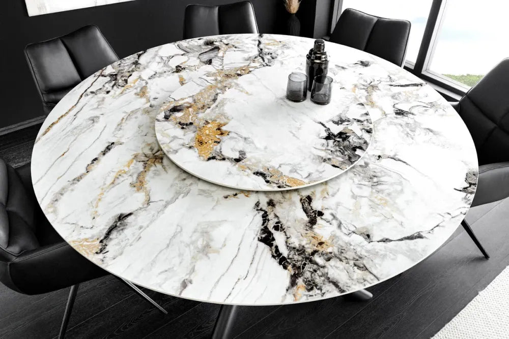 Masa rotunda din Sticla securizata/Ceramica Multicolor si Metal Negru D150xH76cm Spin