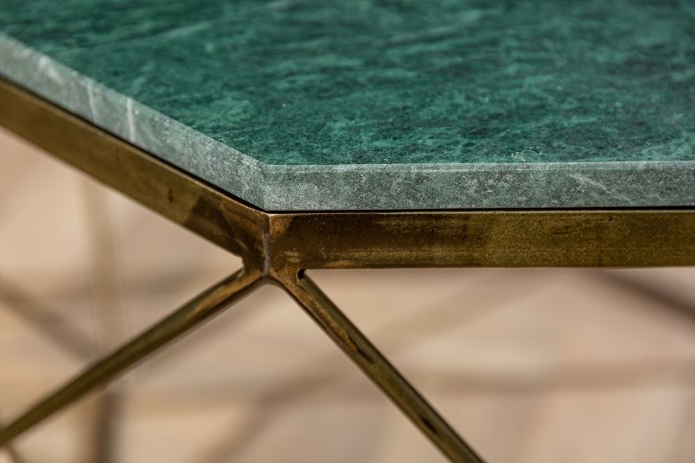 Masuta de cafea Hexagonala din Marmura si Metal Verde/Auriu antichizat L69xH38cm Diamond