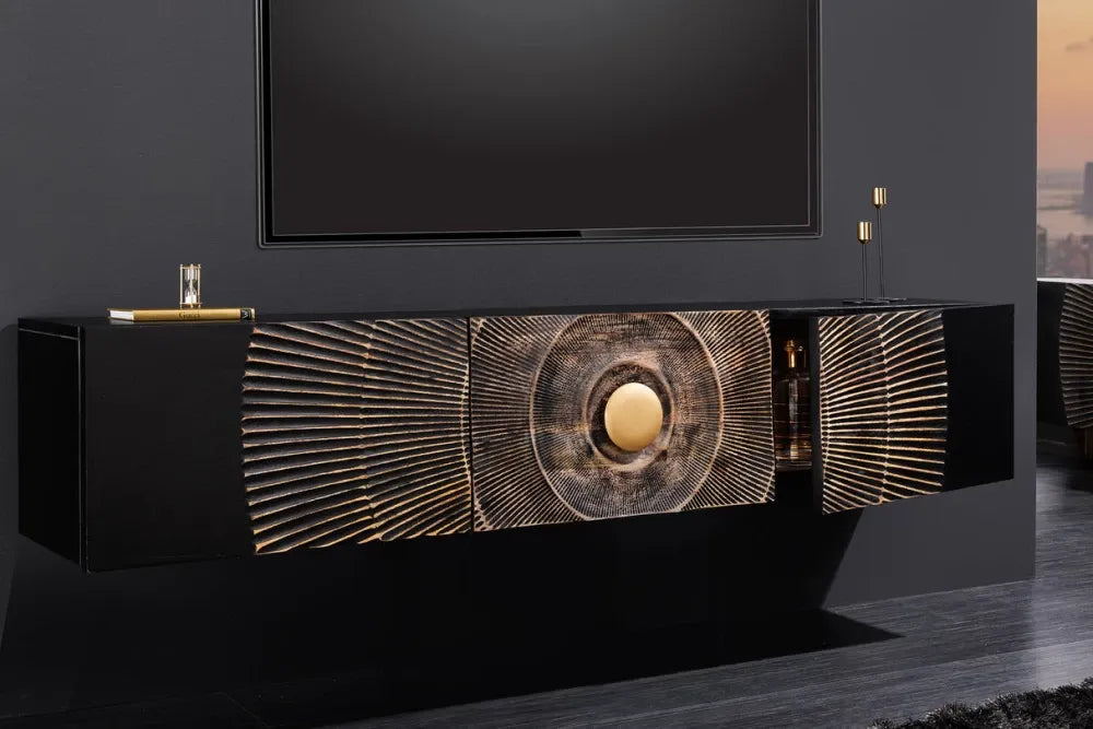 Comoda TV suspendata din Lemn de mango Negru L160xH33cm GOLDEN SUNSET