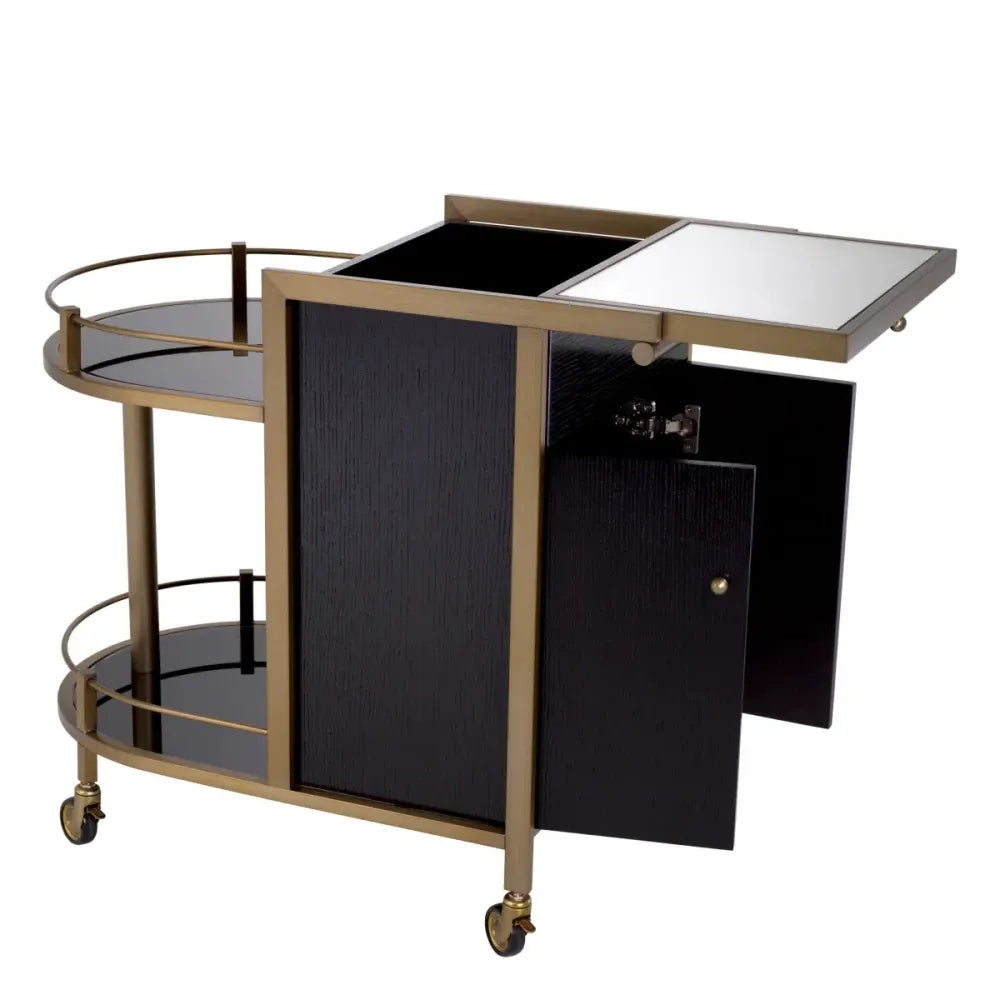 Carucior de servire Asimetrica din Otel inoxidabil/Furnir de stejar Alama/Negru si Oglinda L88xl50cm Bellini Eichholtz