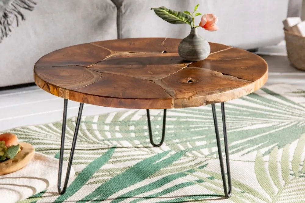 Masuta de cafea Rotunda din Lemn masiv de tec Maro si Metal Negru D70xH36cm Mosaik