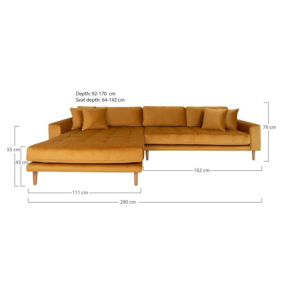 Coltar cu orientare stanga cu picioare din lemn de fag maro tapitat cu Catifea Galben L290xH76cm Lido