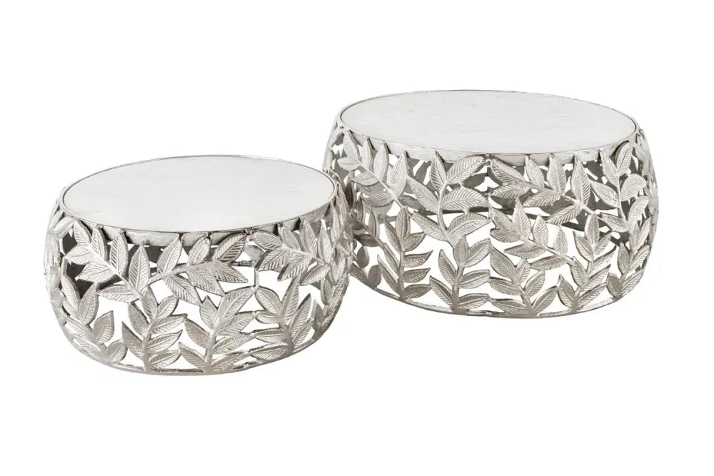 Set 2 masute de cafea din Marmura Alb si Metal Argintiu D54/68xH26/34cm Abstract leaf