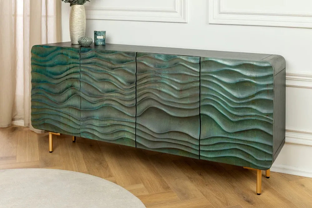 Comoda din Lemn de mango Turcoaz si Metal Auriu L160xH75cm WAVE