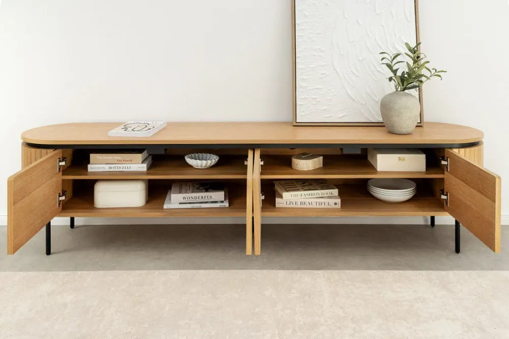 Comoda TV din MDF/Furnir de stejar Maro si Metal Negru L200xH55cm ATELIER