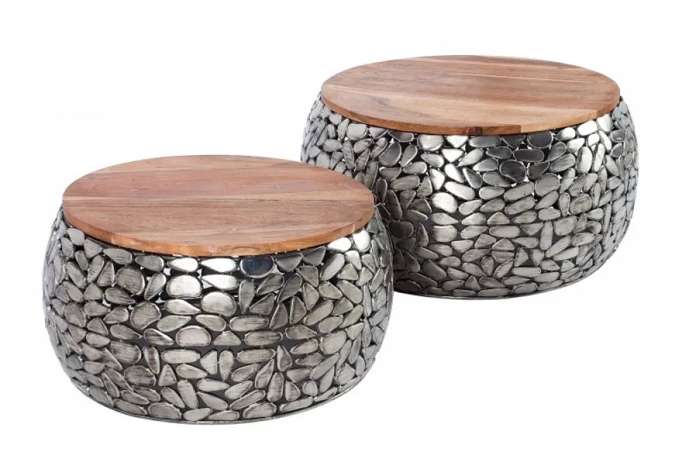 Set 2 masute de cafea Rotunde din Lemn masiv de mango Maro si Metal Argintiu D54/66xH31.5/35cm Stone Mosaic