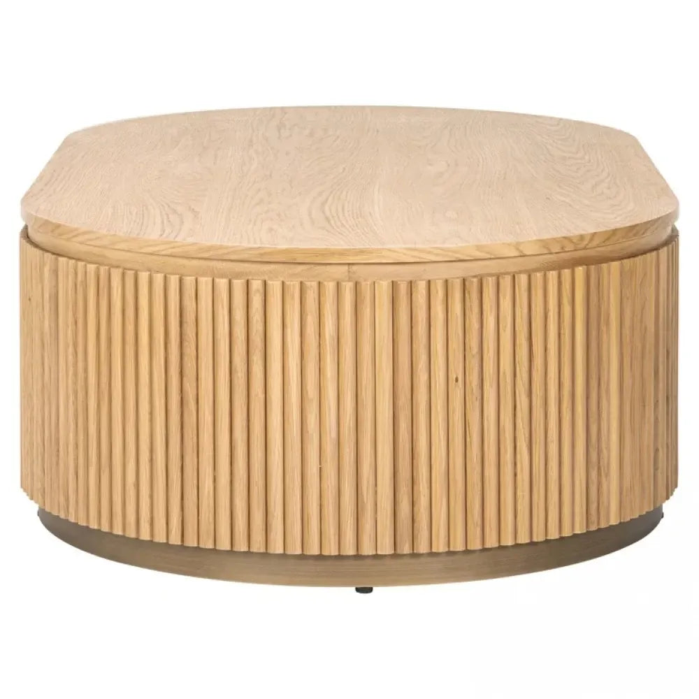 Masuta de cafea Ovala din Furnir de stejar Maro deschis si Metal Auriu L140xH38cm Belfort Richmond Interiors
