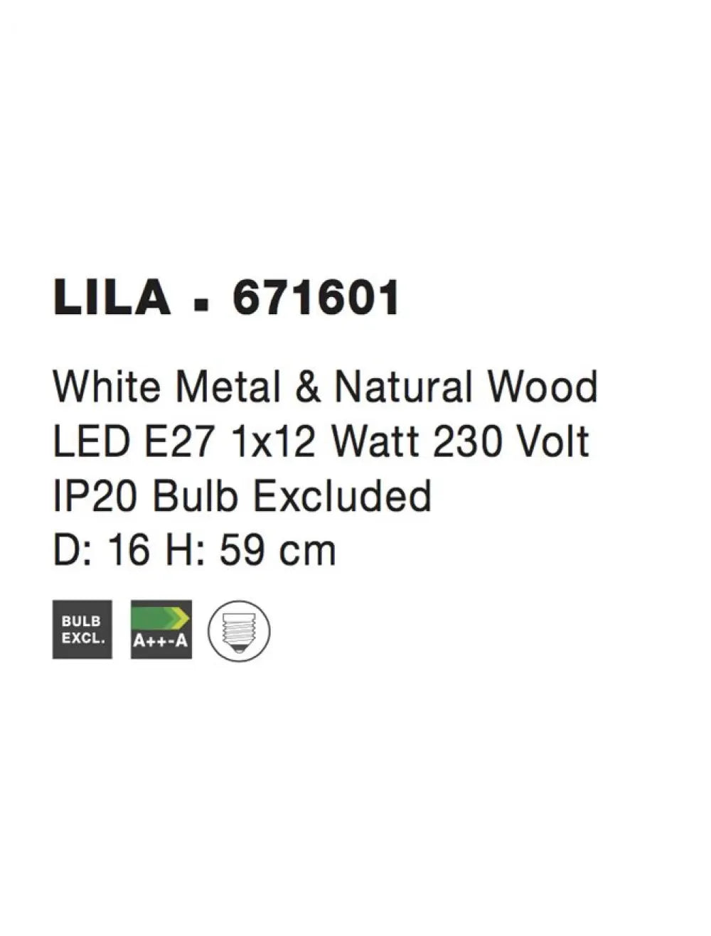 Veioza structura din Metal si Lemn Alb si abajur din Metal Alb H59xL16cm IP20 LILA
