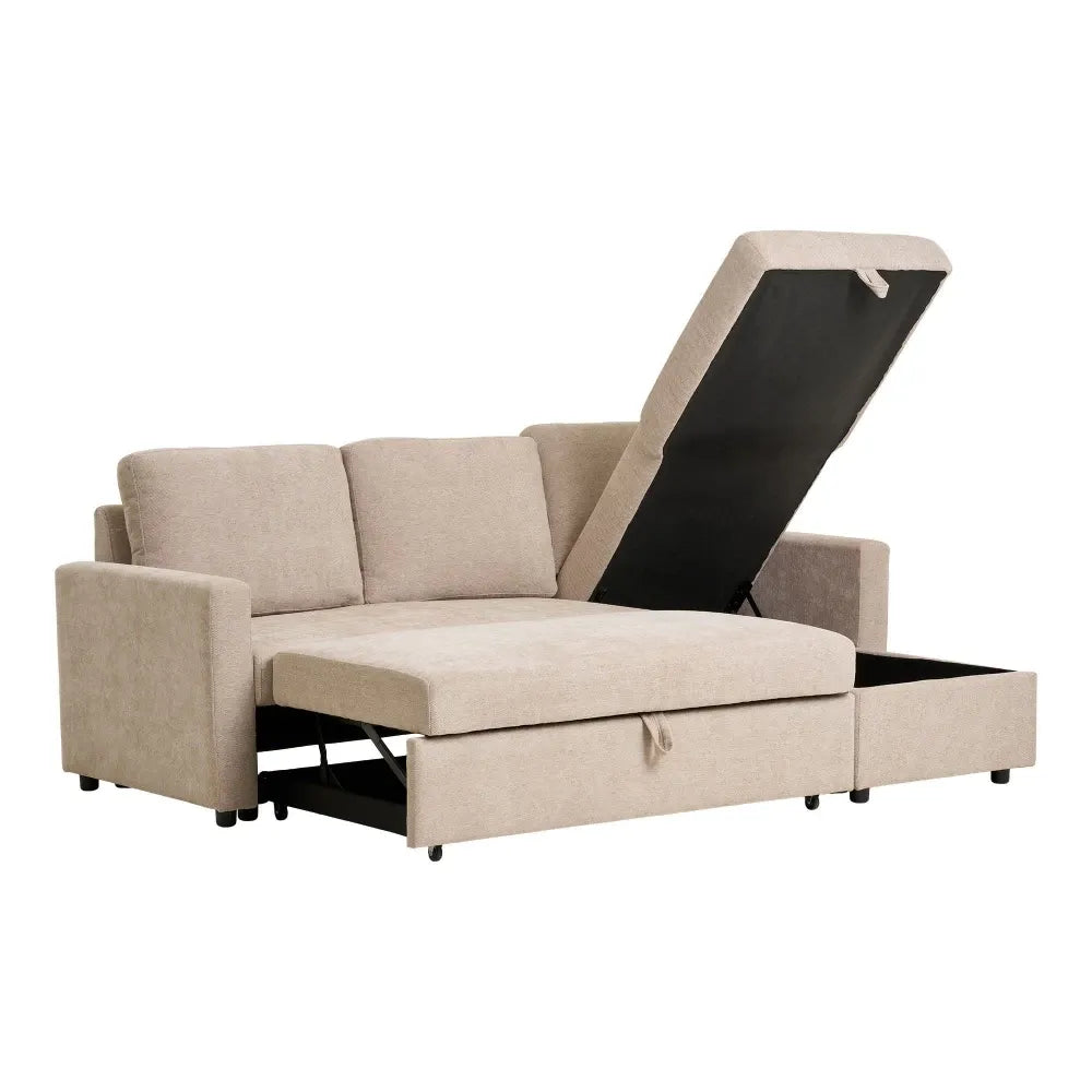 Coltar extensibil cu orientare reversibila si spatiu depozitare tapitat cu Stofa Bej L218xH87cm Belfast