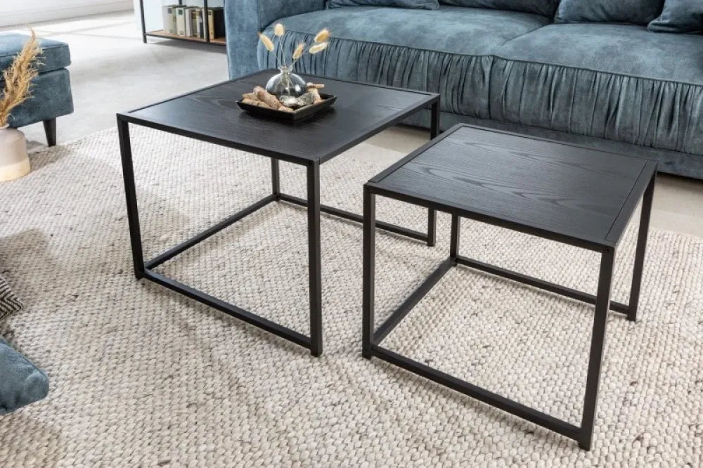 Set 2 masute laterale Dreptunghiulare din Lemn stratificat Negru si Metal Negru L40/50xH40/45cm Slim