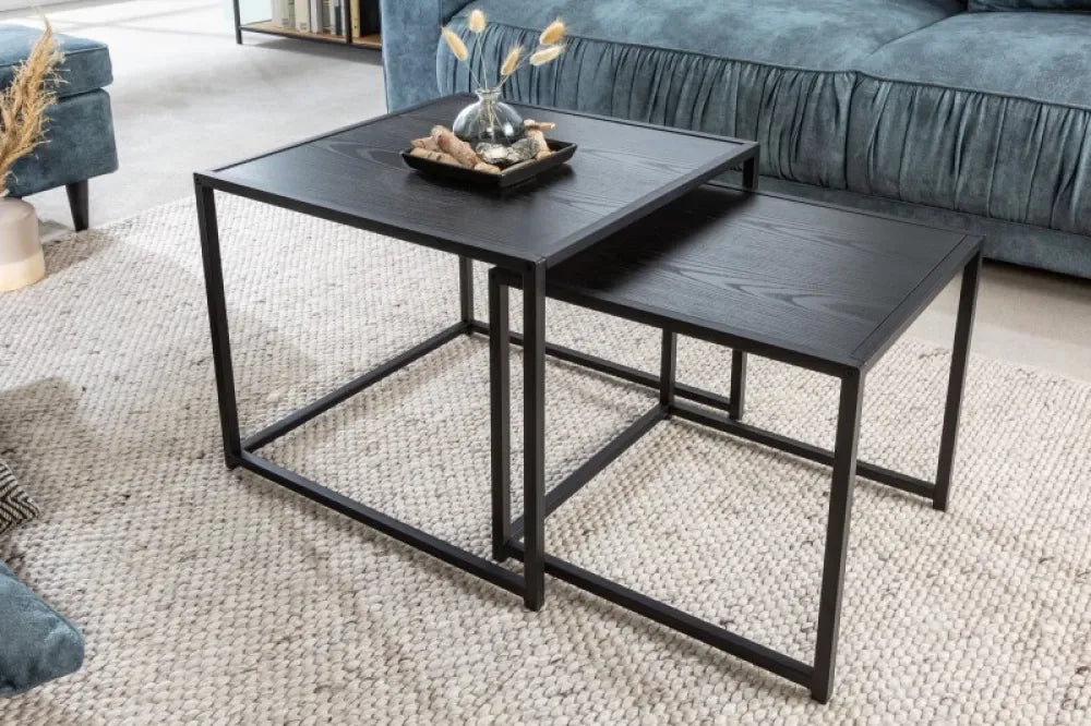 Set 2 masute laterale Dreptunghiulare din Lemn stratificat Negru si Metal Negru L40/50xH40/45cm Slim