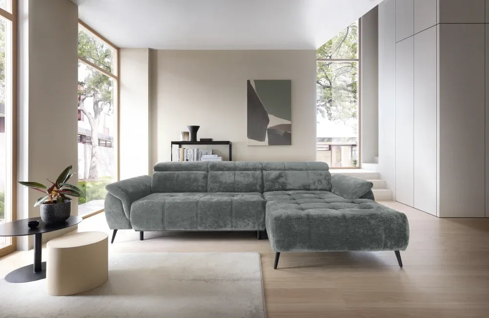 Coltar extensibil electric tapitat cu Chenille Gri inchis cu lada depozitare Genova I