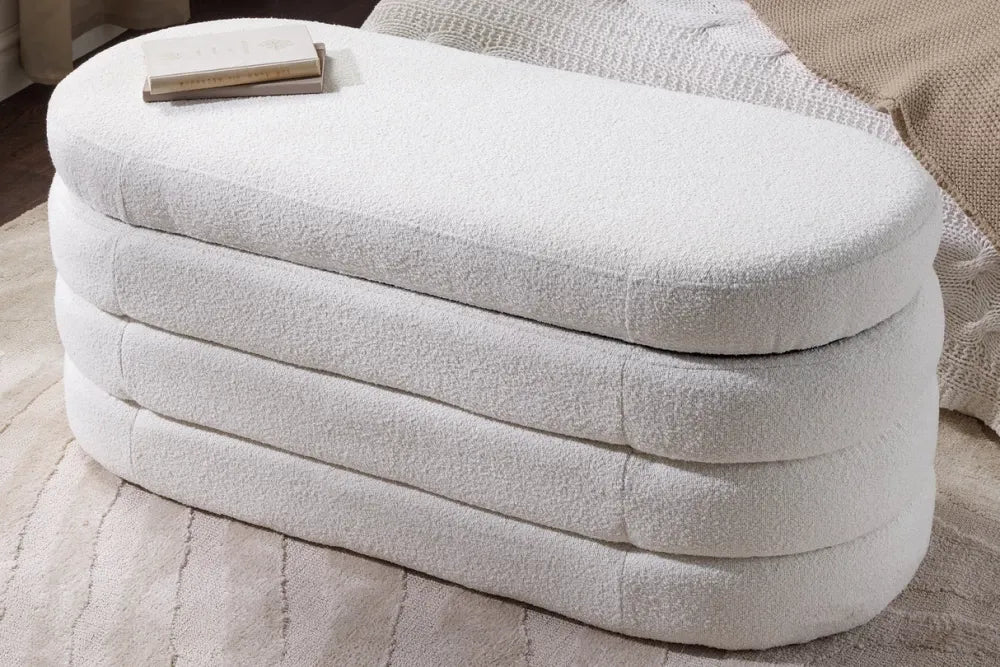 Bancheta cu spatiu de depozitare din Stofa boucle Alb H49xL113cm Voque