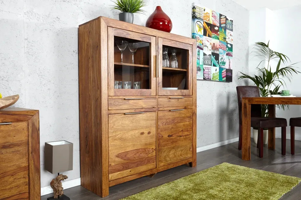 Dulap din lemn masiv de sheesham cu vitrina L120xH140cm Lagos