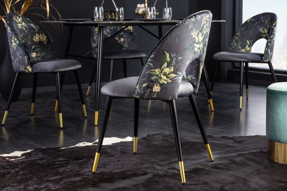 Set 2 scaune tapitat cu Catifea Gri cu picioare din Metal Negru/Auriu H83xL53xA57cm Boutique