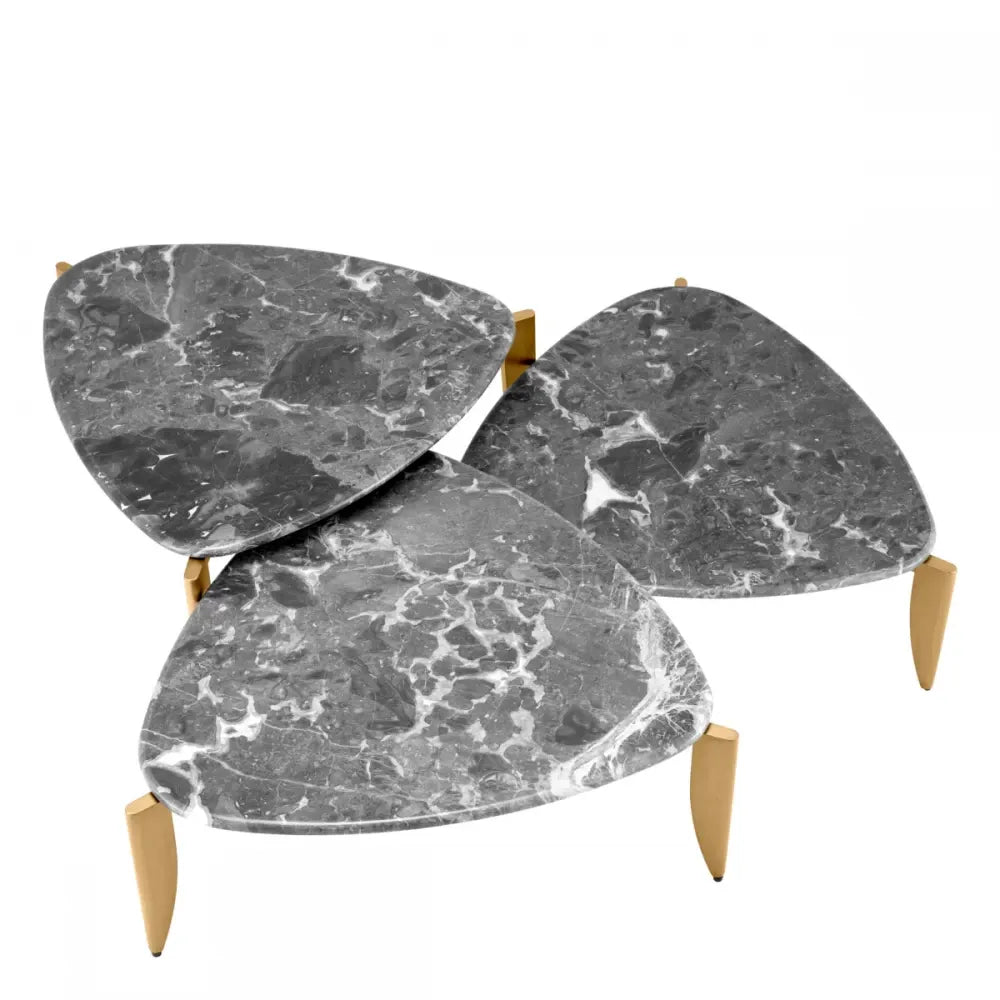 Set 3 masute de cafea Triunghiulare din Metal Alama si Marmura Gri L83.5xl87cm Regioni Eichholtz