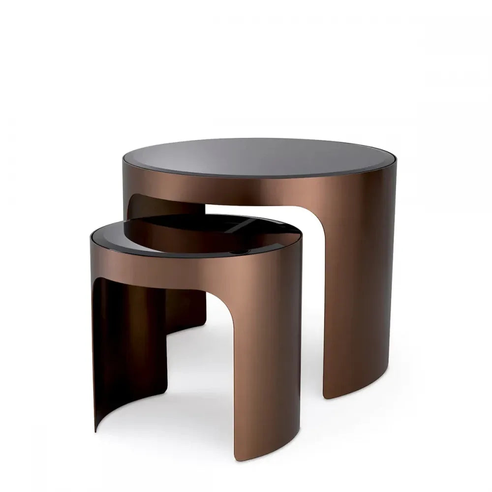 Set 2 masute laterale Rotunde din Otel inoxidabil Cupru si Sticla Negru D40/60xH38/46.5cm Piemonte Eichholtz