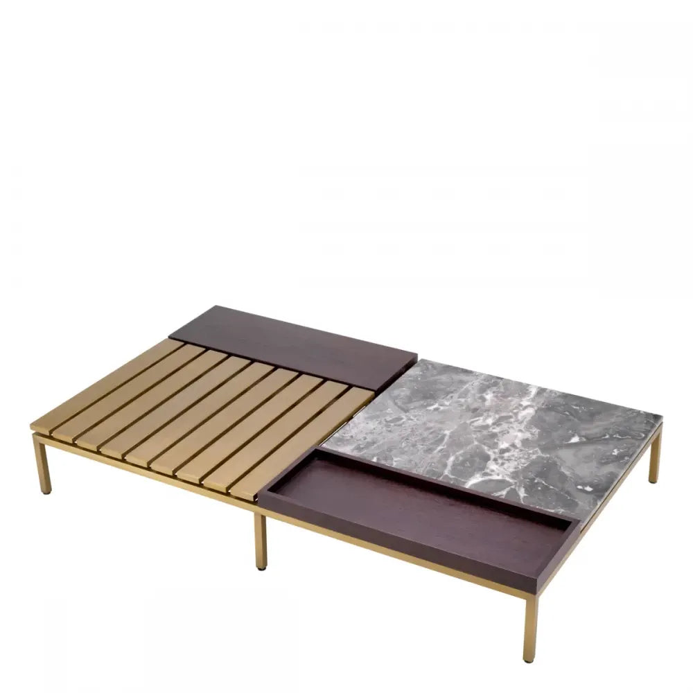 Masuta de cafea Dreptunghiulara din Otel inoxidabil Alama si Marmura/Furnir de stejar Gri/Maro L169.5xl99.5cm Forma Eichholtz