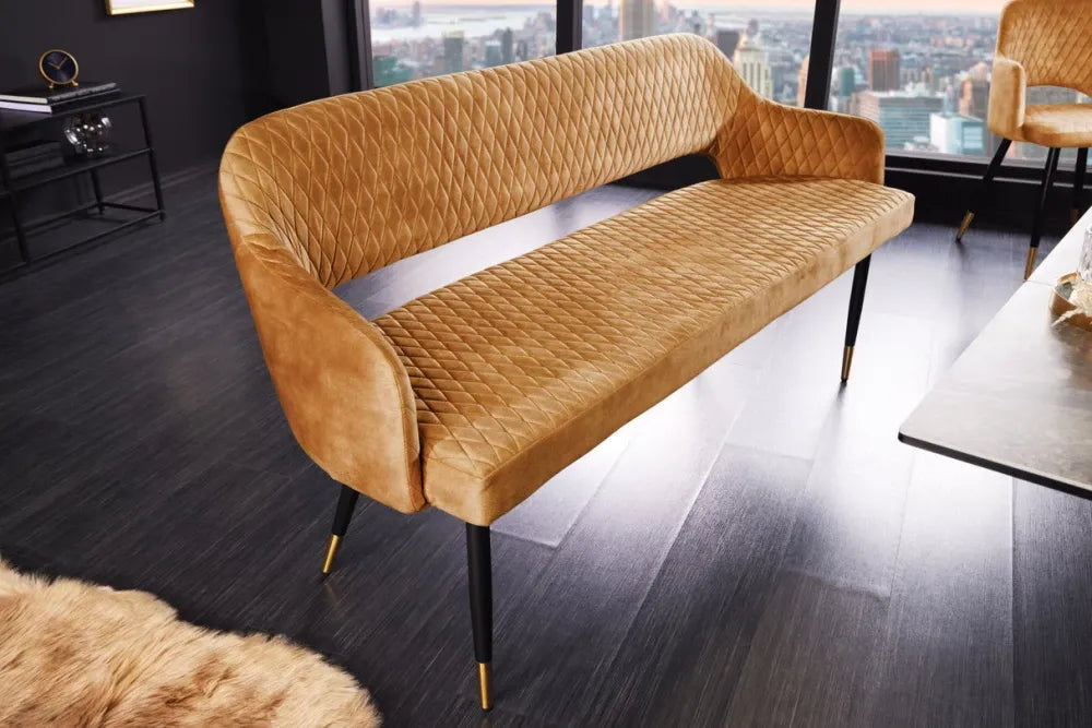 Banca din Metal Negru/Auriu si Catifea Galben H82xL162cm Paris