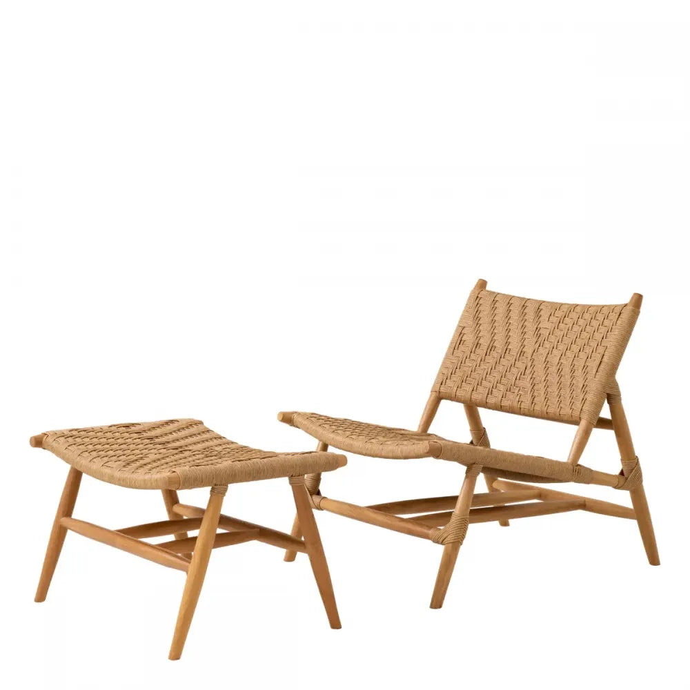 Scaun de exterior cu taburet din Lemn de tec Maro si Polietilena Maro H78.5xL68xA140cm Laroc Eichholtz