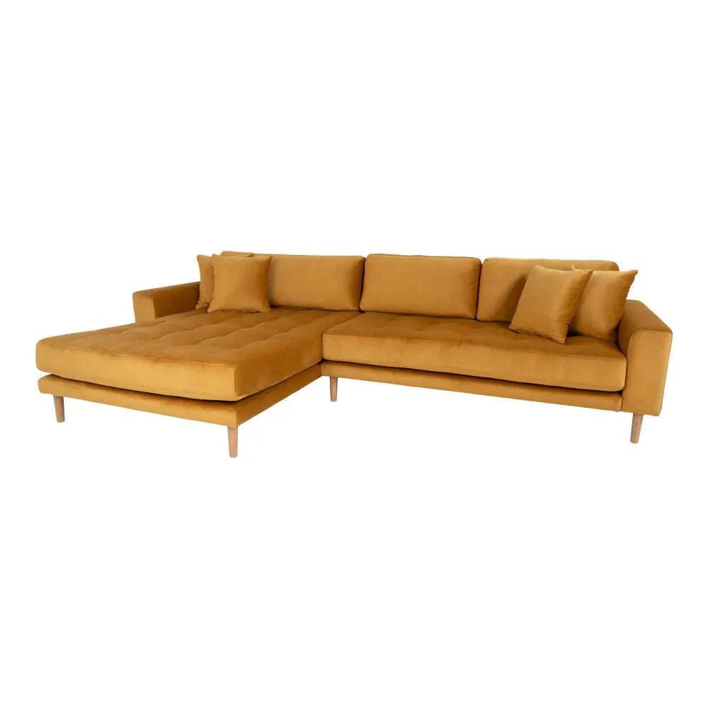 Coltar cu orientare stanga cu picioare din lemn de fag maro tapitat cu Catifea Galben L290xH76cm Lido