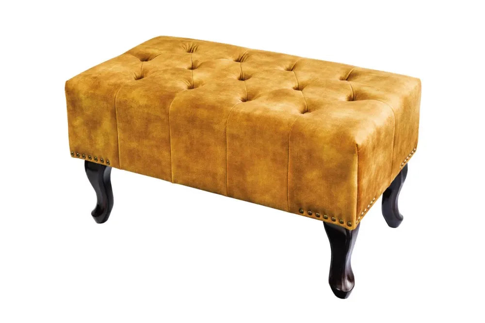 Puf din Lemn de pin Maro inchis si Catifea Galben H40xL80cm Chesterfield