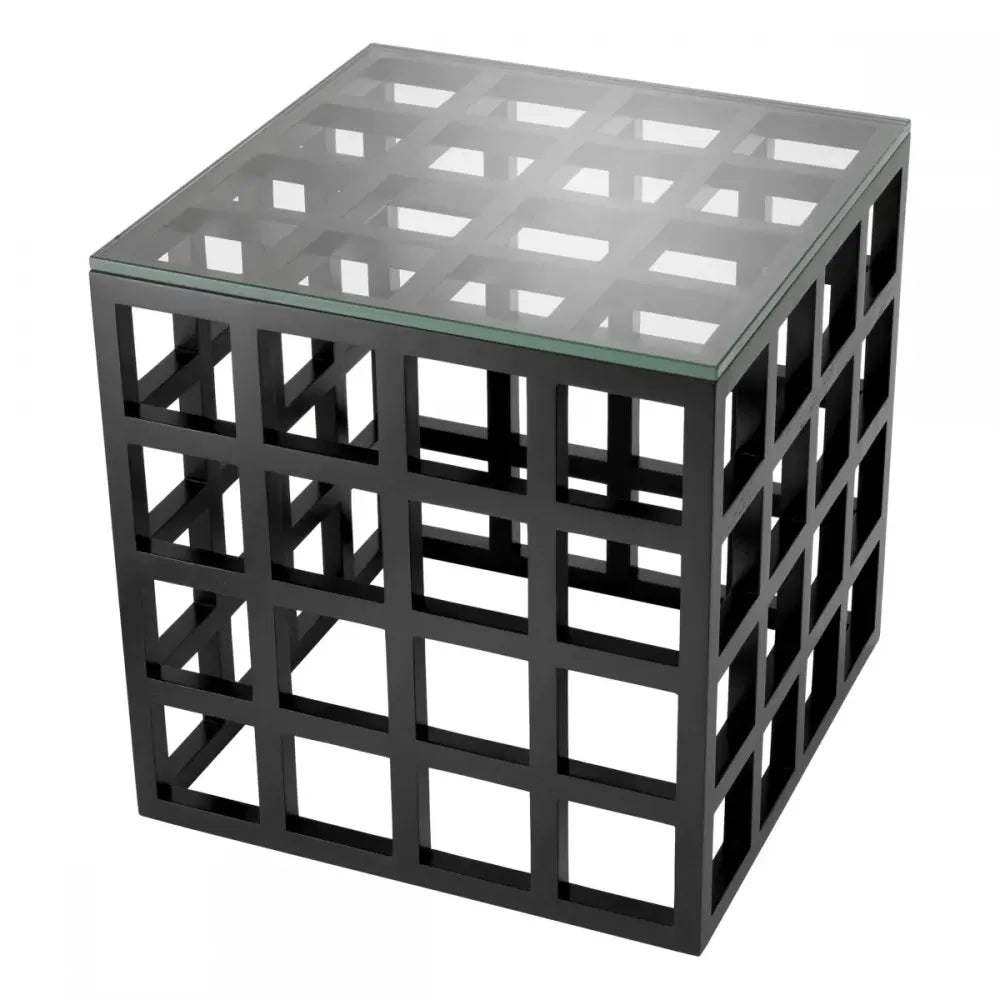 Masuta laterala Patrata din Lemn de mindi Negru si Sticla Transparent L52xl52cm Cubico Eichholtz
