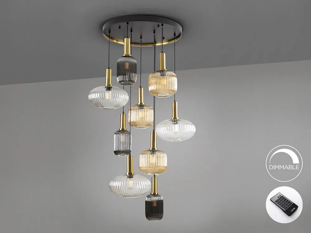 Candelabru cu telecomanda 9 becuri din Metal Negru si Sticla Multicolor H320xD80cm Norma
