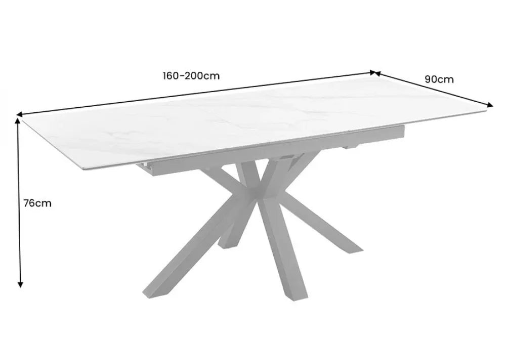 Masa din Sticla securizata/Ceramica Alb cu efect de marmura si Metal Negru L160-200xH76cm Eternity