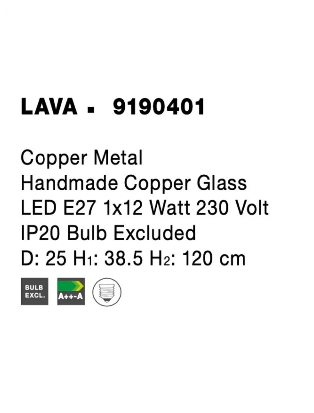 Pendul structura din Metal Cupru si abajur din Sticla Cupru H120xL25cm IP20 LAVA