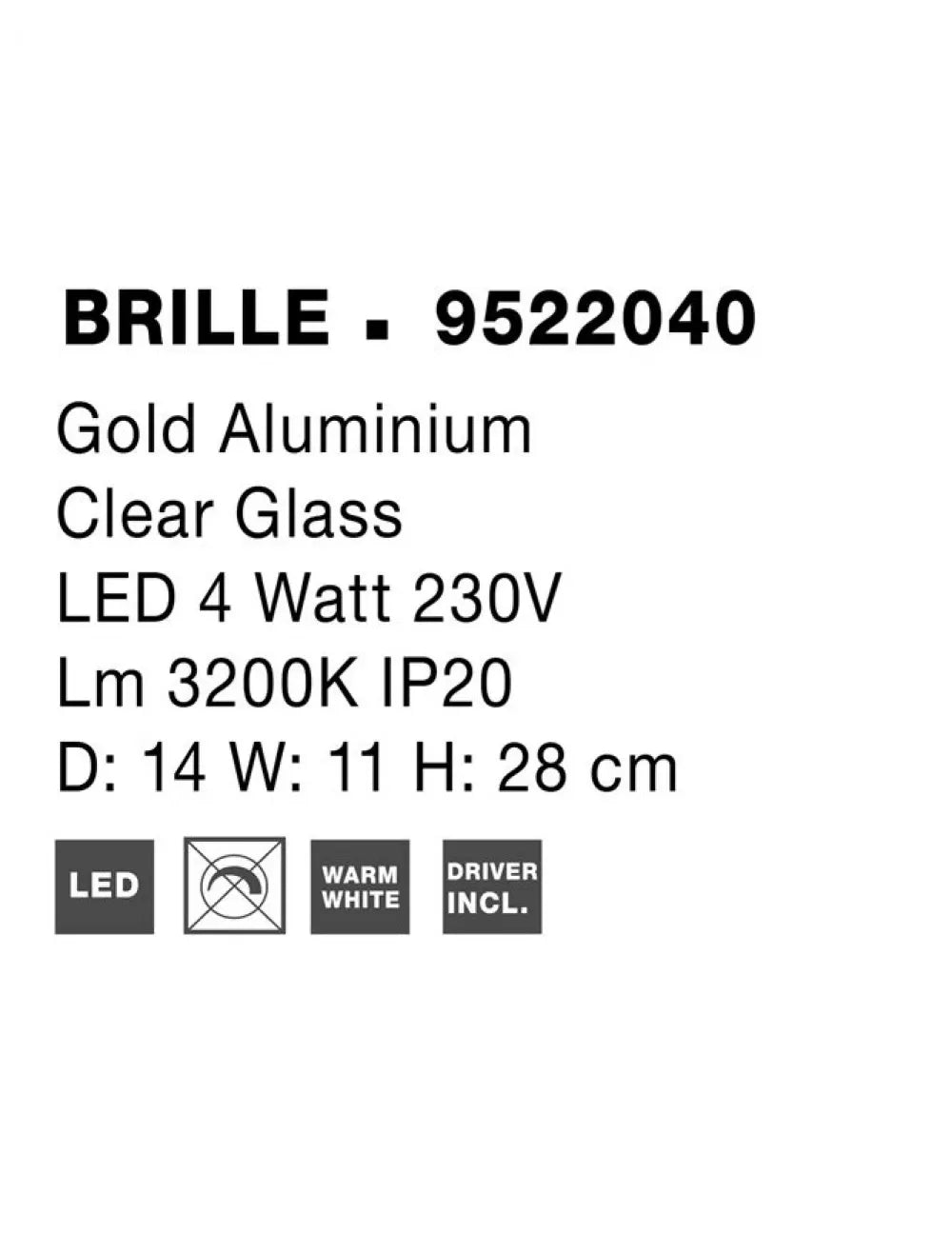 Aplica de perete structura din Aluminiu Auriu si abajur din Acrilic Transparent H28xL14cm IP20 4W 205lm 3200k BRILLE