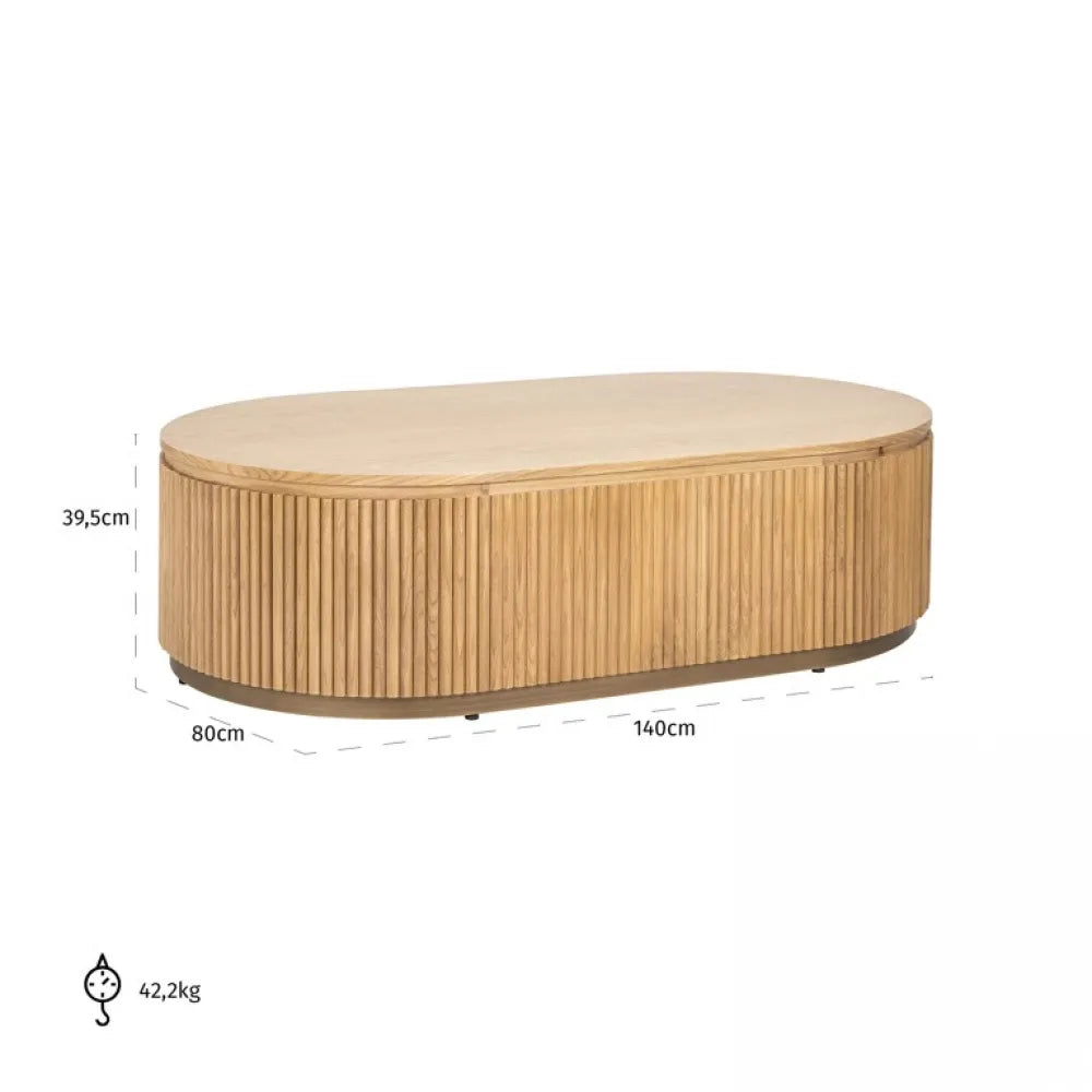 Masuta de cafea Ovala din Furnir de stejar Maro deschis si Metal Auriu L140xH38cm Belfort Richmond Interiors