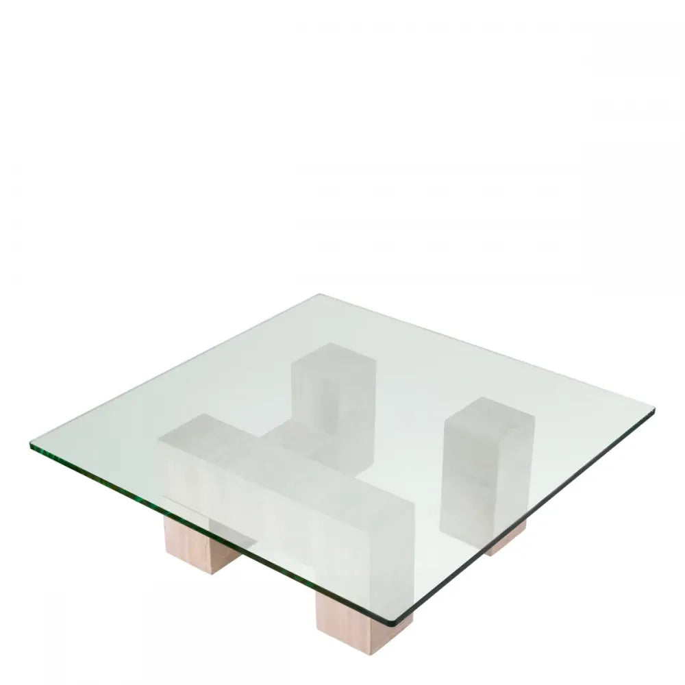 Masuta de cafea Patrata din Travertin Bej si Sticla Transparent L100xl100cm Ikal Eichholtz