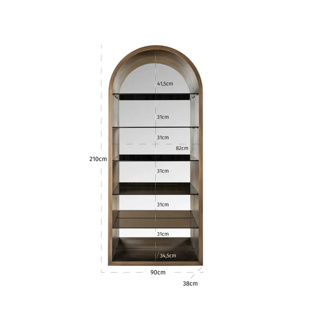 Biblioteca din Metal/Lemn Auriu periat si Sticla securizata transparenta L90xH210cm Bowic