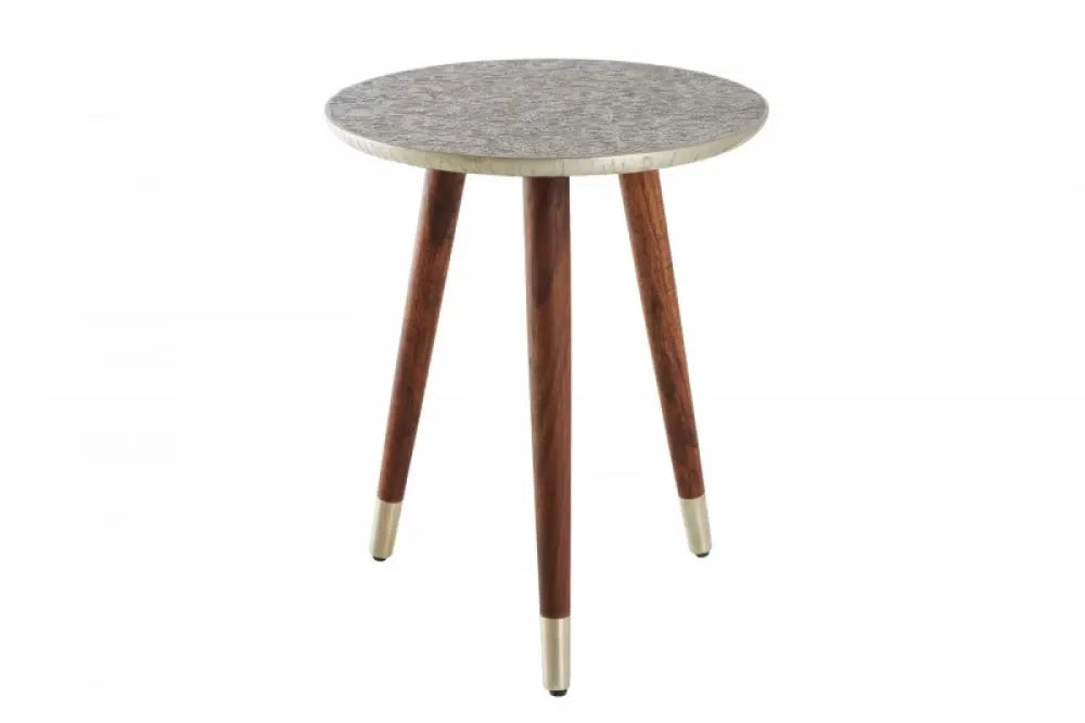 Masuta laterala Rotunda din Metal Argintiu si Lemn de salcam Maro D40xH50cm Alcasar