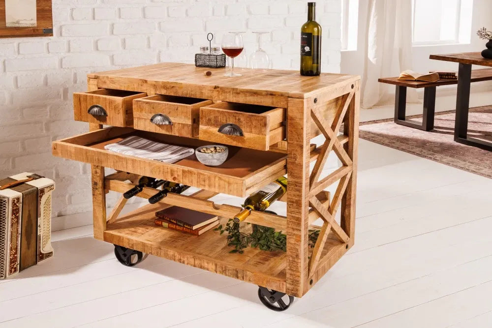 Dulap bar cu rotile din Lemn de mango Maro L86xH92cm BODEGA