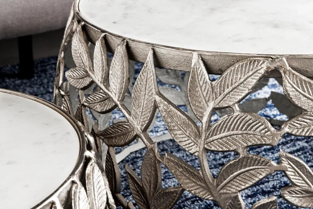 Set 2 masute de cafea din Marmura Alb si Metal Argintiu D54/68xH26/34cm Abstract leaf