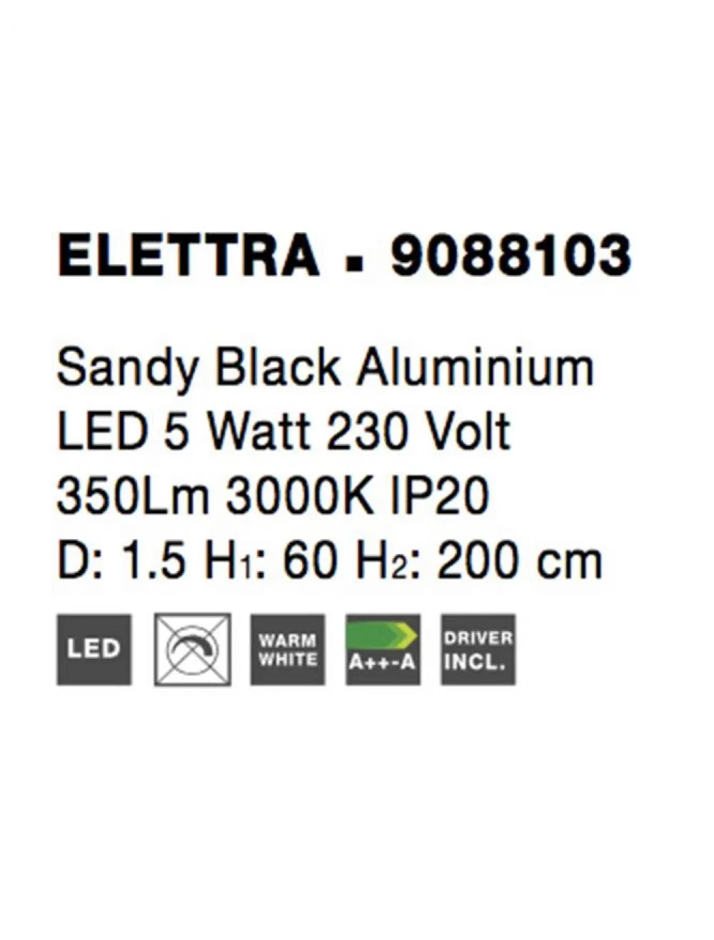 Pendul din Aluminiu Negru H200xL1.5cm IP20 5W 195lm 3000k ELETTRA