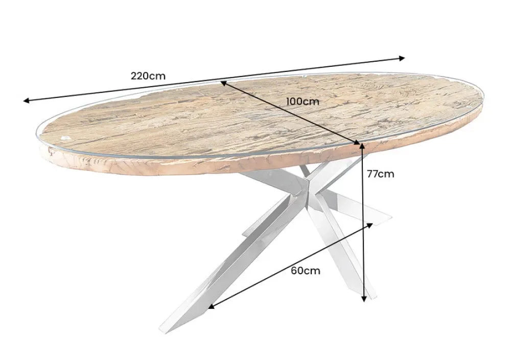 Masa ovala din Lemn de tec/Sticla securizata Maro/Transparent si Otel inoxidabil Argintiu L220xH77cm Barracuda