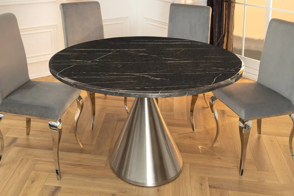 Masa din Marmura artificiala Negru si Metal Argintiu D130xH77cm Elegancia