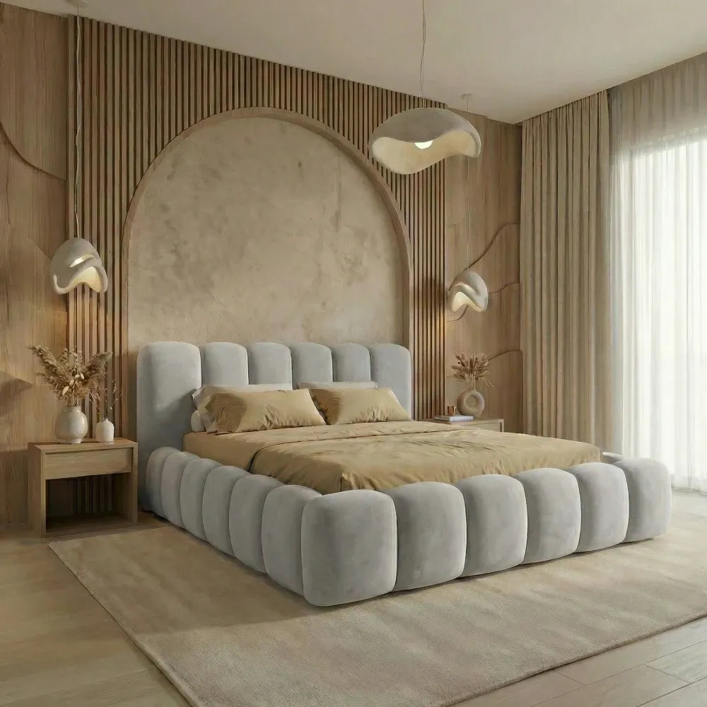 Pat tapitat cu material catifea Gri deschis 160 x 200 Dallas slim